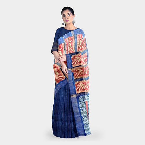 Red Ghicha with blue contrasting Border and Pallu - Sarikart Online