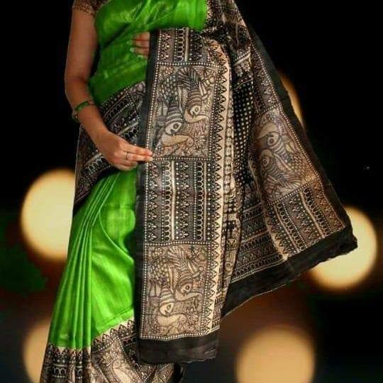 Parrot Green color pure Tassar ghicha saree - Sarikart Online