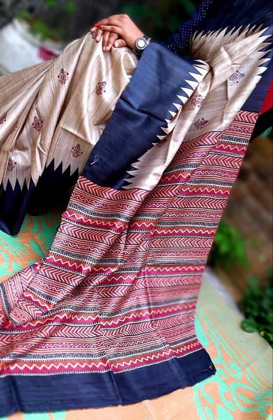 Blue border with Cream base pure tassar ghicha saree - Sarikart Online