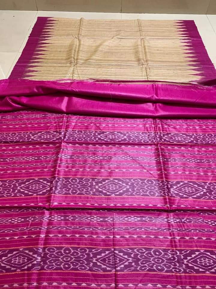 Cream color with purple & magneta border pure Tassar Ghicha saree - Sarikart Online