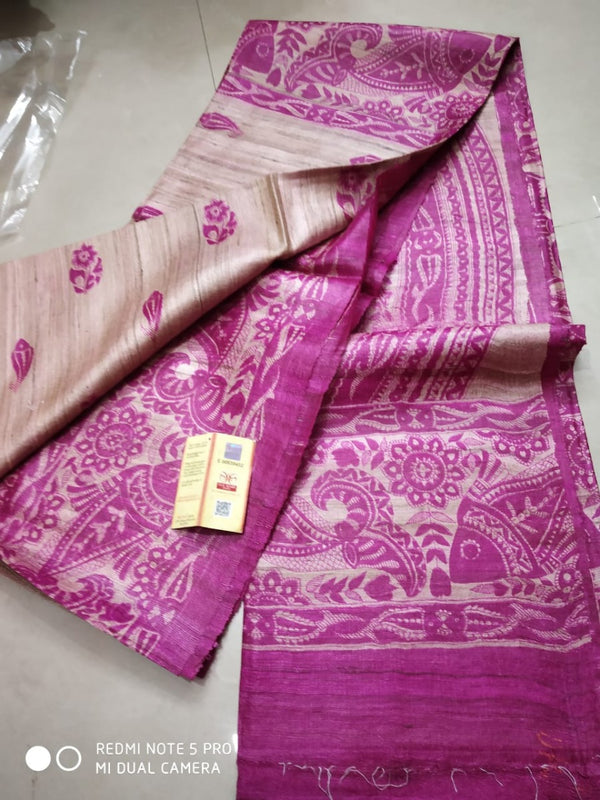 Pink border with Cream base pure tassar ghicha saree - Sarikart Online