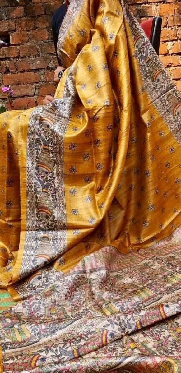 Yellow handwoven Pure Tussar Ghicha saree - Sarikart Online