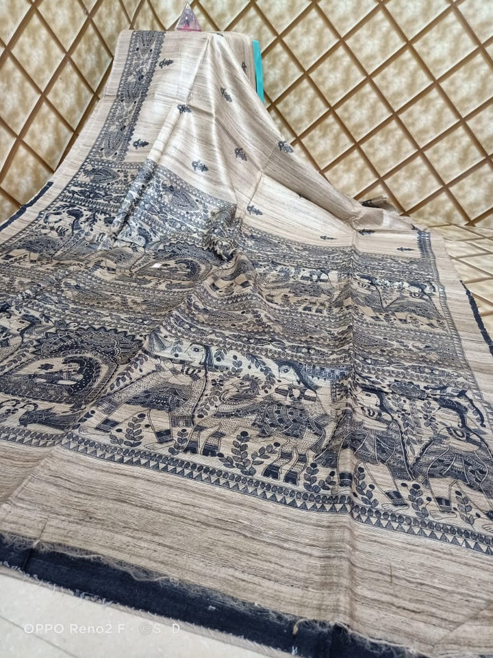 Pure Tussar Ghicha Cream color saree with madhubani painting weaving with navu blue border - Sarikart Online