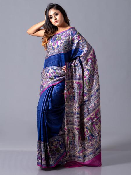 Royal blue color with multi & purple border pure Tassar Ghicha saree - Sarikart Online