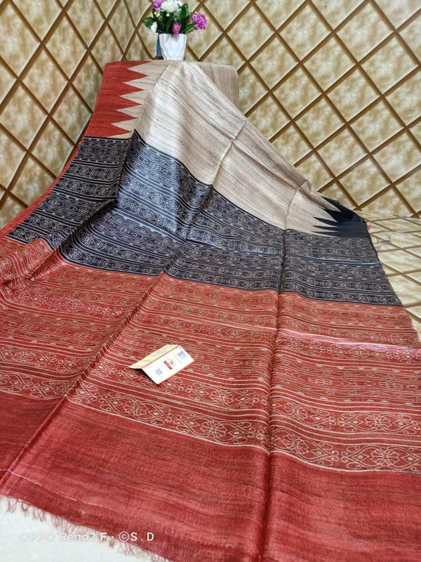 Cream with navy blue & coffee color border pure Tassar Ghicha saree - Sarikart Online